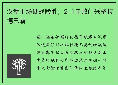 汉堡主场硬战险胜，2-1击败门兴格拉德巴赫