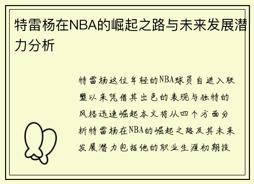 特雷杨在NBA的崛起之路与未来发展潜力分析